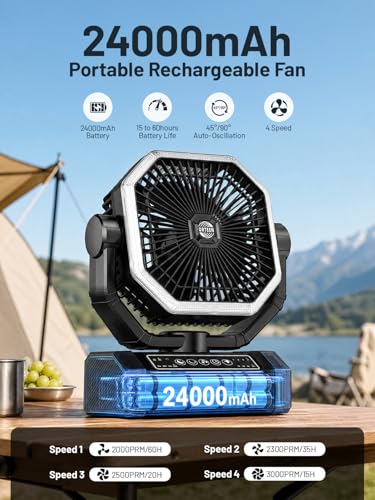 Portable Rechargeable Fan - 9-Inch Camping Fan for Tent, 24000mAh(60Hrs) Battery Operated Fan for Camping, Auto Oscillation Cordless Fans, Tent Fans with Remote/Light, 4 Speeds, 4 Timing, Outdoor