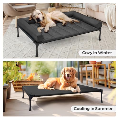 Veehoo Elevated Dog Bed, Lifted Dog Ded Add Waterproof Removable Pillow-Top Mat, Raised Pet Cot with Breathable Mesh, No-Slip Feet, Bolster Dog Cot Bed for Indoor & Outdoor, 107 x 76 cm, Black