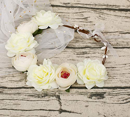Thunaraz Women Boho Floral Crown Hair Wreath Flower Headband with Adjustable Ribbon Halo Festival Wedding Party