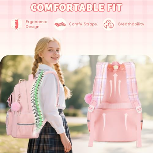 Tanou Girls Primary School Bag, Waterproof Daypack School Backpack for Teens, Kawaii Checked School Bag for Girls 9-16 Years Old for Travel