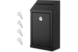 EIENHOSHI Metal Donation Box with Lock, Wall Mounted, Suggestion Box with 4 Iron Keys, Black, Cash Drop Box with Slot, 1-Pack