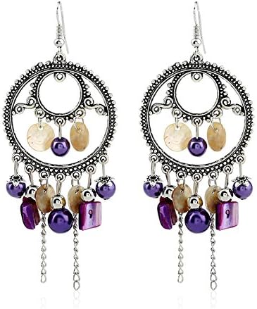 AUMRET Bohemian National Retro Circular Chain Tassel Exaggerated Earrings (Purple)