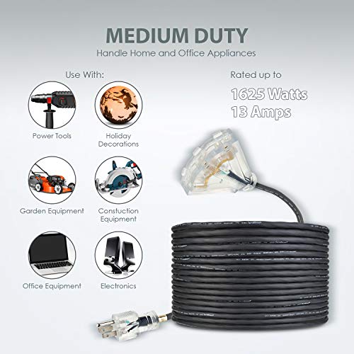 50 FT 16/3 Outdoor Extension Cord - Rubber, Flexible, Triple Outlet, Black Wire with Live Power Light Indicator. 13 Amp