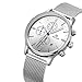 Baogela Mens White Dial Chronograph Military Silver Tone Stainless Steel Quartz Wrist Watches