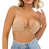 Sexy Code 1701 Womens Low Plunge Push Up Bra with Clear Straps Low Cut Convertible Underwire Padded Cleavage Bra