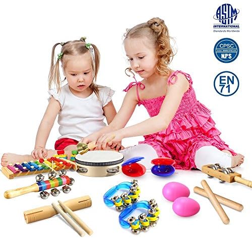 Geekper 18 PCS Kids Musical Instruments, Wooden Percussion Instruments Toy for Baby Kid Child Boys Girls, Tambourine Set Toddler Musical Toys Storage Backpack Included
