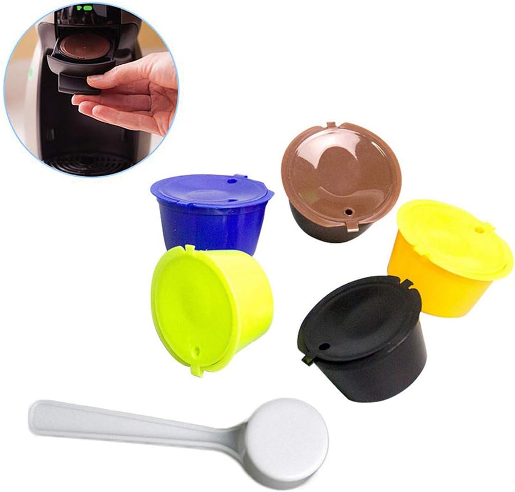FineInno Refillable Coffee Capsules Pods Reusable Universal Coffee Filter Compatible with Dolce Gusto Brewers,Free Spoon (5pcs coffee capsules multicolor)
