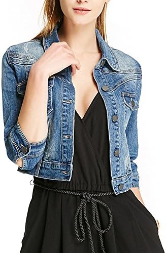 Women Casual Denim Jacket Half Sleeve Trucker Coat Outerwear Jeans Tops Slim Outercoat Windbreaker Medium