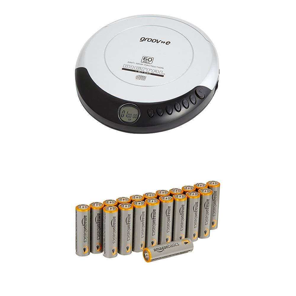 Groov-e Retro Personal CD Player with 20 Track Programmable Memory, LCD Display, Anti-Skip Protection and Earphones Included - Silver with Amazon Basics Batteries