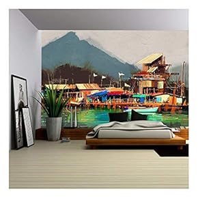 Seascape Painting Showing Old Fishing Village,Digital Painting - Removable Wall Mural | Self-Adhesive Large Wallpaper - 66x96 inches