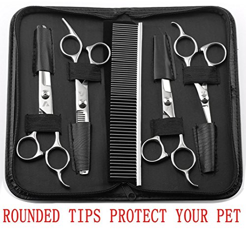 Augymer 5 pcs rounded tips pet grooming scissors kit, curved pet …