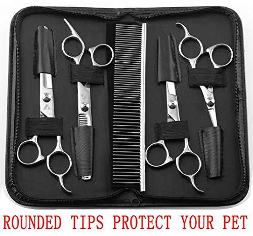 AUGYMER Pet Grooming Scissors Kit, Rounded Tips 5 PCS Curved Pet Grooming Scissors for Cats Dogs Stainless Steel Scissor for Body Face Ear Nose Paw