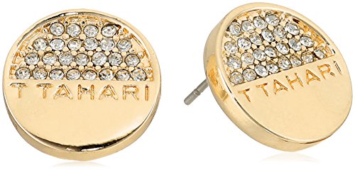 T Tahari Half Pave Mini Disc Buttoned Ear Gold Stud Earrings