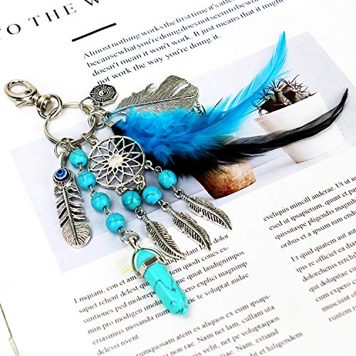 Buorsa Natural Opal Stone Dreamcatcher Keyring Feather Keychain Dream Catcher Keyring for Women Purse Pendant Handbag Keyholder Bag Charm