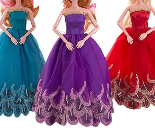 Wedding Dress For Barbie Doll,AmaMary88 3 pcs Lace Flower Embroidery Evening Party Dress For 30cm Barbie Dolls (A)