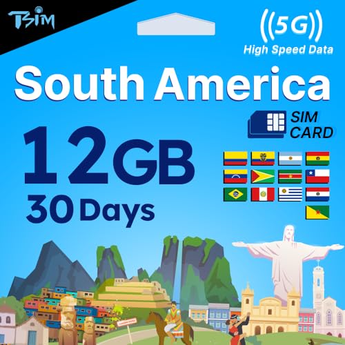 TSIM South America SIM Card 30 Day | 12 GB Internet in 5G/4G/LTE (Data Sharing Allowed) | Use in Brazil, Chile, Colombia, Argentina, Bolivia, Peru & More | High Coverage 5G Network.