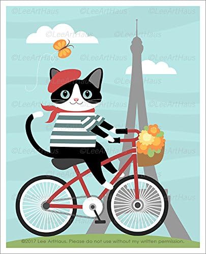110D - Black and White Cat Riding Bicycle in Paris UNFRAMED Wall Art Print by Lee ArtHaus