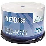 PlexDisc 633-214 25 GB 6X Blu-ray White Inkjet Printable Single Layer Recordable Disc BD-R, 50-Disc Spindle