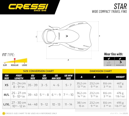 CRESSI Since 1946 - Star Fins - Adjustable Compact Fins, Powerful Ventilated Shoe, Comfortable Shoe, Ideal for Swimming, Snorkeling and Traveling - Adults