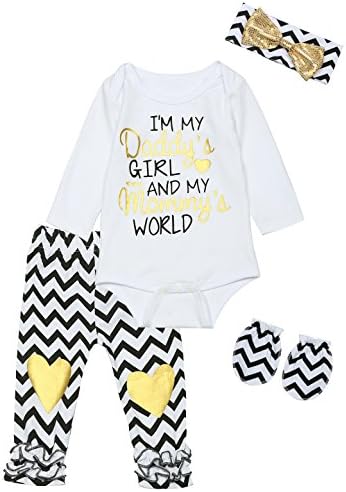 Mini Era Infat 4PCS Baby Girls Heart Letter Print Long Sleeve Striped Pants Outfit Set (6-12 Months)