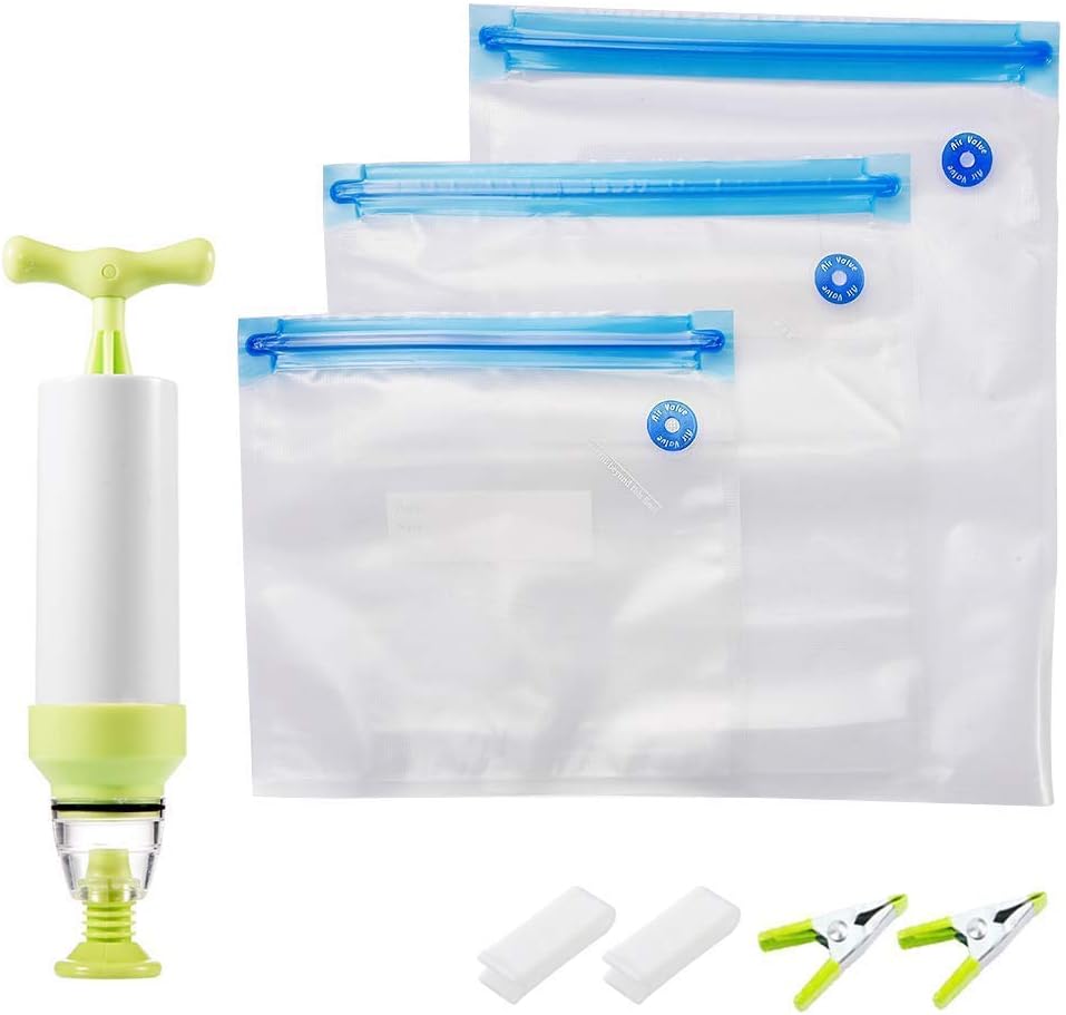 Sous Vide Bags Kit for Anova Cookers-15 Reusable BPA Free Food Vacuum Sealed Bags,1 Hand Pump, 2 Bag Sealing Clips and 2 Sous Vide Clips, Easy to Use, Practical for Food Storage & Cooking