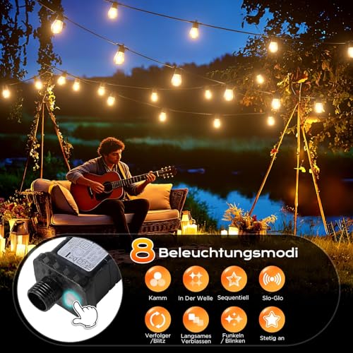 GlobaLink Guinguette String Lights Outdoor and Indoor, 31M 30+2 Energy Saving LED Bulbs Waterproof IP65 String Lights Outdoor Decoration for Summer Garden Patio Party Patio 8 Modes