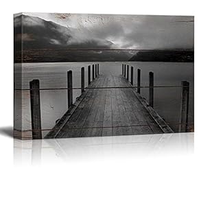 Canvas Prints Wall Art - Pier at The Evening on Vintage Wood Background - 12" x 18"