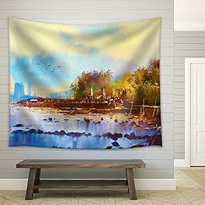 Seascape Watercolor Painting of Beautiful Beach at Sunset - Fabric Wall Tapestry Home Decor - 51x60 inches