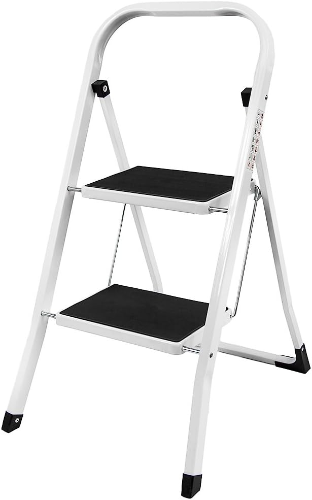 Home Vida 2 Step Ladder, Heavy Duty Steel Folding Ladder with Slip-Resistant and Wide Steps, Folding Mechanism