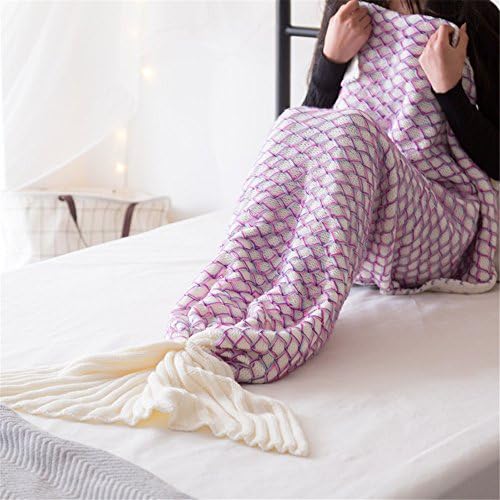 iSunShine Mermaid Tail Blanket Crochet for Kids and Adult, Soft Knitted Blanket Sleeping Bag, 28"x55", Colored+White