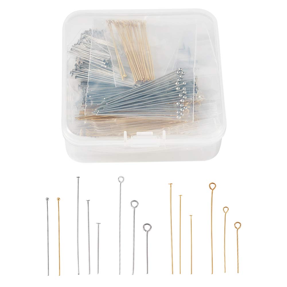 PandaHall 640pcs 304 Stainless Steel Eye Pins Head Pins Ball Head Pin 3 Styles Wire Headpins for Jewelry Making(Golden & Stainless Steel Color)