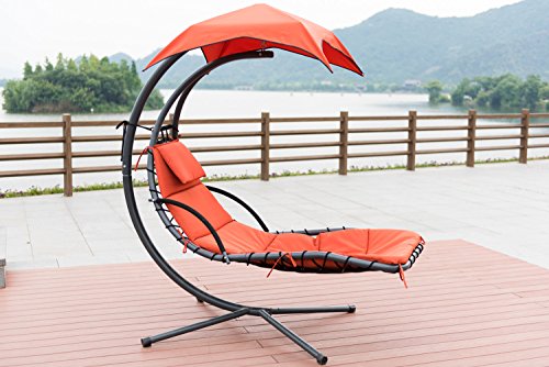 PatioPost Outdoor Hanging Chaise Lounger Chair Swing Hammock Arc Stand Air Porch Canopy, Orange Red