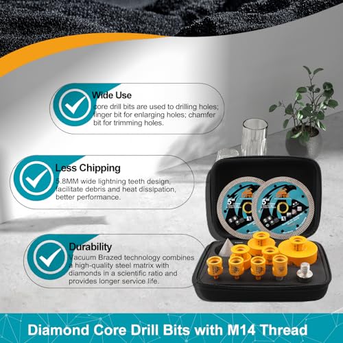 12-Piece Diamond Tile Drill Bit Kit – EXFEIN Hole Saw 6/6/8/25/35/50/68 mm + 10 mm Finger Drill Bits + 50 mm Bevelled Chamfer Bits + Adapter + 2 x 125 mm Diamond Disc for Porcelain Marble Granite