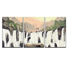 3 Piece Canvas Wall Art - Digital Drawing Waterfall The Evening Atmosphere - Modern Home Art Stretched and Framed Ready to Hang - 16"x24"x3 Panels