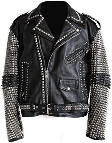 New Mens Full Black Punk Silver Spiked Studded Cowhide Leather Jacket