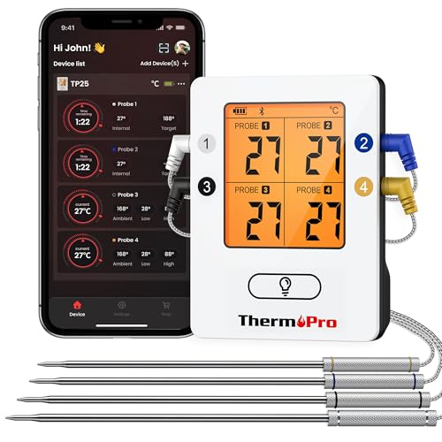ThermoPro TempPro Bluetooth 5.0 Digital Bratenthermometer Grillthermometer Funk Fleischthermometer mit 4 Sonde für BBQ, Garraum, Smoker, Steak, Unters