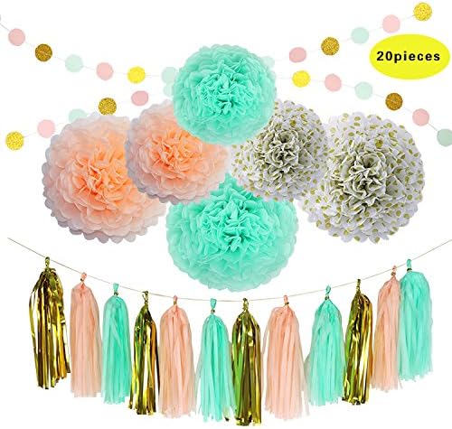 Party Decoration Favors Peach Mint Rustic Glitter Gold Tissue Paper Pom Pom, Tassel Garland, Circle Garland Decoration Set, Baby Showers, First Birthday Decorations &amp; Bridal Showers