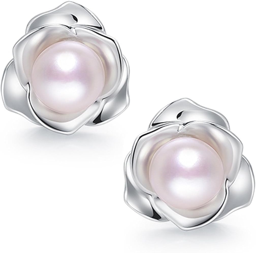 Pearl Earrings, Sterling Silver Rose Stud Earrings White Freshwater Cultured Pearl