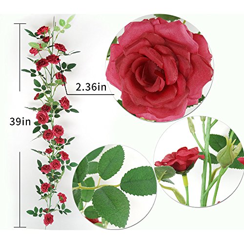 AmyHomie 3 Pack Artificial Rose Garlands,Silk Fake Rose Vine Flowers Plants for Home Hotel Office Wedding Party Garden Craft Art Decor(big flowers) (red) - Thumbnail 5