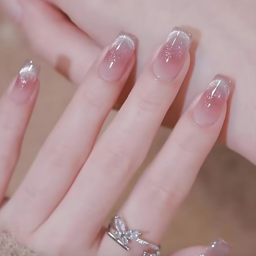 Short False Nails, Cat Eye Glitter Press on Nails, Nails Handmade Press-On Medium Long Coffin Ballerina with Flesh Color Cat Eye Design Charm Cute False Nail Tips 24 Pcs (MY095)