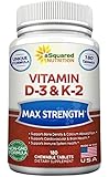 Vitamin D3 with K2 Supplement - 180 Chewable Tablets, Max Strength D-3 Cholecalciferol & K-2 MK7 to Support Healthy Bones, Teeth, Heart - Antioxidant D 3 & K 2 MK-7 Energy Formula for Men and Women