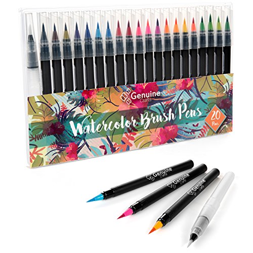 Genuine Crafts Watercolor Brush Tip Pen Set - 20 Premium Assorted Colors Real Brush Tips 1 Refillable Blending Water Pen Incl. - Washable Nontoxic - Portable Durable - Free Form Watercolor Calligraphy