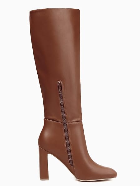 COUTGO WOMEN’S CHUNKY HEELED KNEE HIGH BOOTS CLASSIC LEATHER SQUARE TOE ZIPPERED TALL BOOT, DARK BROWN, SIZE 8.5