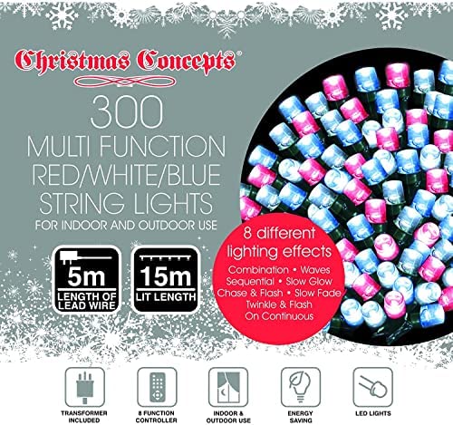 Christmas Concepts® 300 Color Union Jack Red/White/Blue LED Lights for Queens Jubilee Celebration - 15m (49ft)