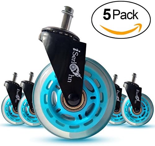 Iserlohn Office Chair Caster Wheels (5 Pack) Replacement Rollerblade Style 3 Inch Rubber Wheel, Safe for Floors Including Hardwood and Carpet, Easy Installation, Blue