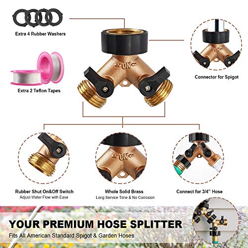 OneBom Hose Splitter 3/4 Inch, Solid Brass Pipe Connector,Garden Hose Distributor Heavy Duty (2 Way)