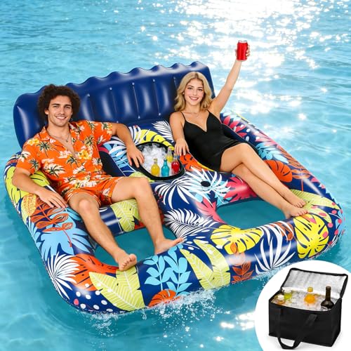 FORMIZON Inflatable Sea Mattress, 2 Seater Pool Mat, Tanning Pool Large Inflatable Tan with Ice Bar Thermal Bag Drink Holder and Cushion for Water Party