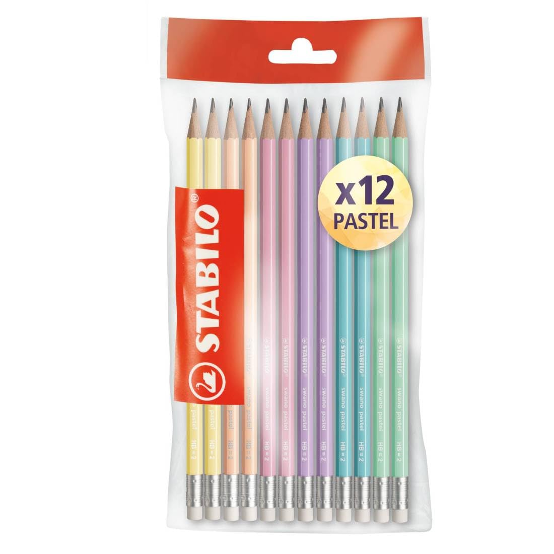 Stabilo Graphite HB Pencils with Eraser, 6 Pastel Colours, Pack of 12