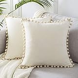 Top Finel Decorative Throw Pillow Covers with Pom-poms Soft Particles Velvet Solid Cushion Covers 16 X 16 Inch for Couch Bedroom Car, 40 x 40 cm, Pack of 2, Cream