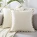 Top Finel Decorative Throw Pillow Covers with Pom-poms Soft Particles Velvet Solid Cushion Covers 16 X 16 Inch for Couch Bedroom Car, 40 x 40 cm, Pack of 2, Cream